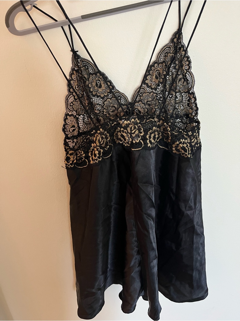 Black Satin Chemise with Gold Lace Appliqué